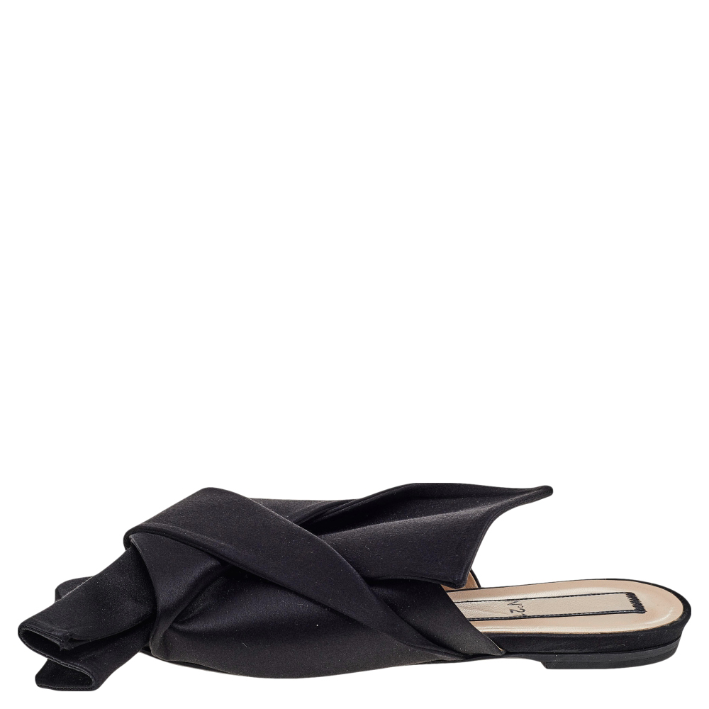 

Nº21 Black Satin Knot Flat Mules Size