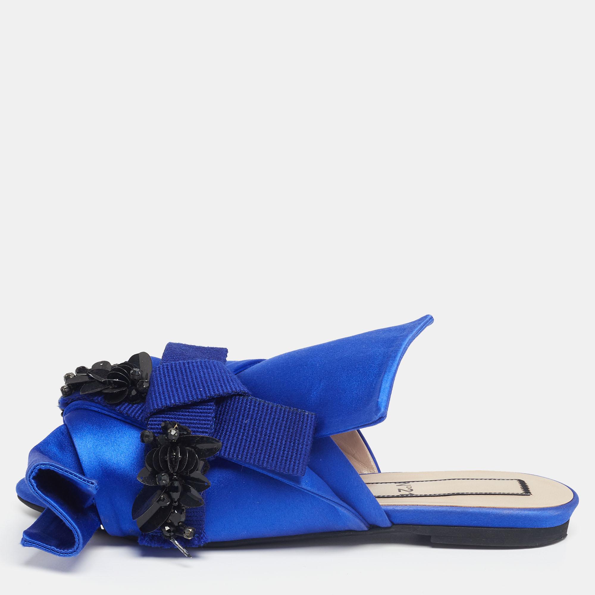 Pre-owned N°21 Nº21 Royal Blue Satin Embellished Knot Flat Mules Size 36.5
