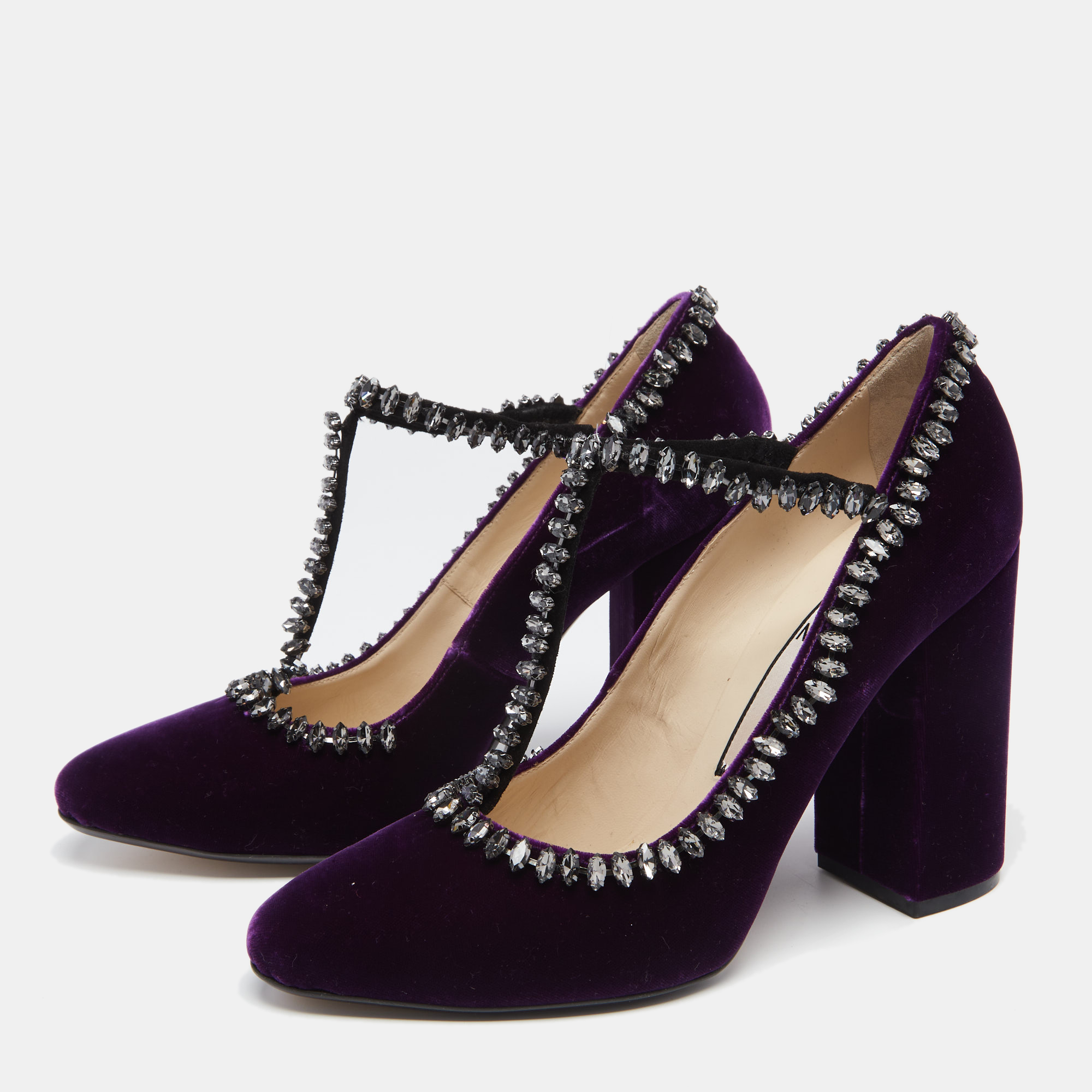 

N°21 Purple Velvet Crystal Embellished T Strap Block Heel Pumps Size