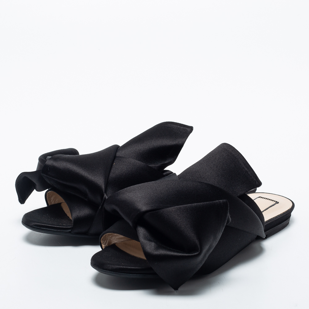 

Nº21 Black Satin Knot Flat Mules Size