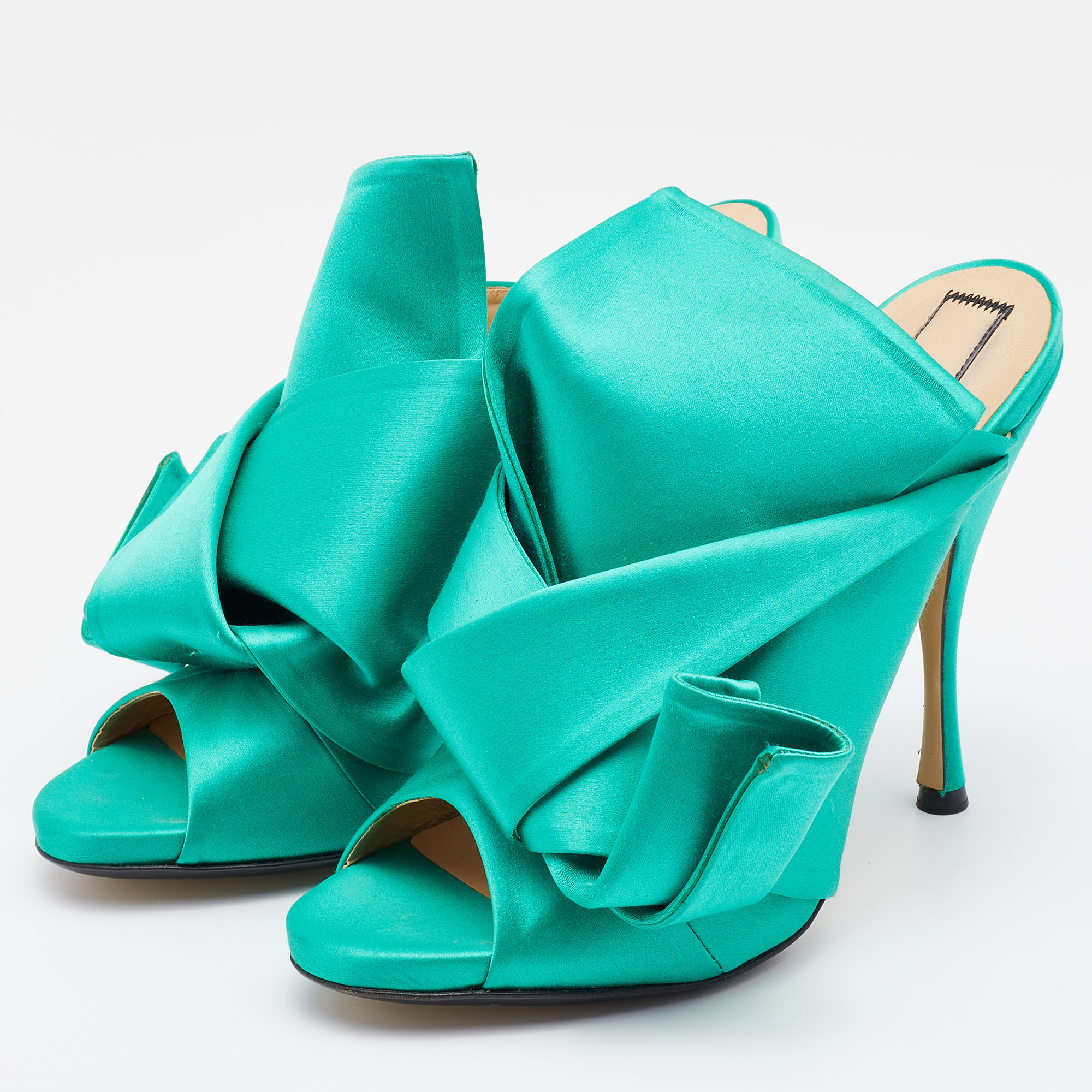 

N21 Green Satin Raso Knot Peep Toe Mules Size