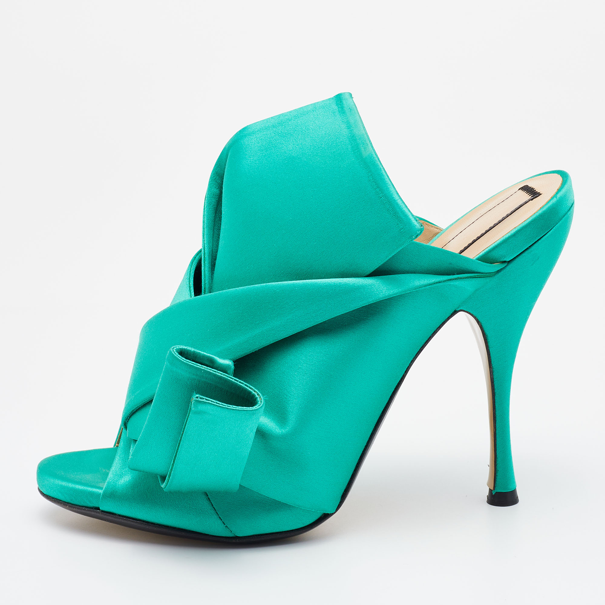 Pre Owned N21 Green Satin Raso Knot Peep Toe Mules Size 41