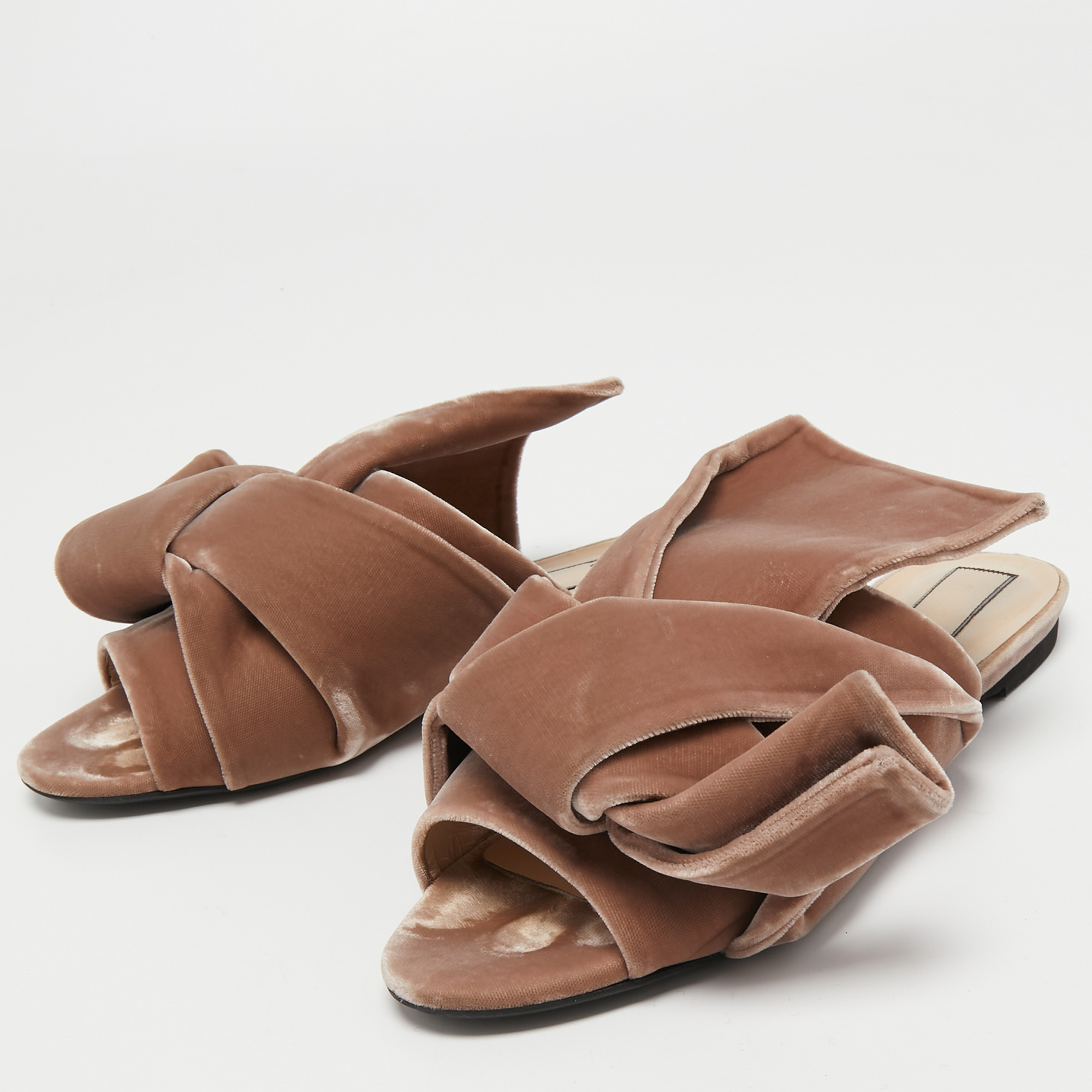 

N21 Brown Velvet Knot Peep Toe Flat Slides Size