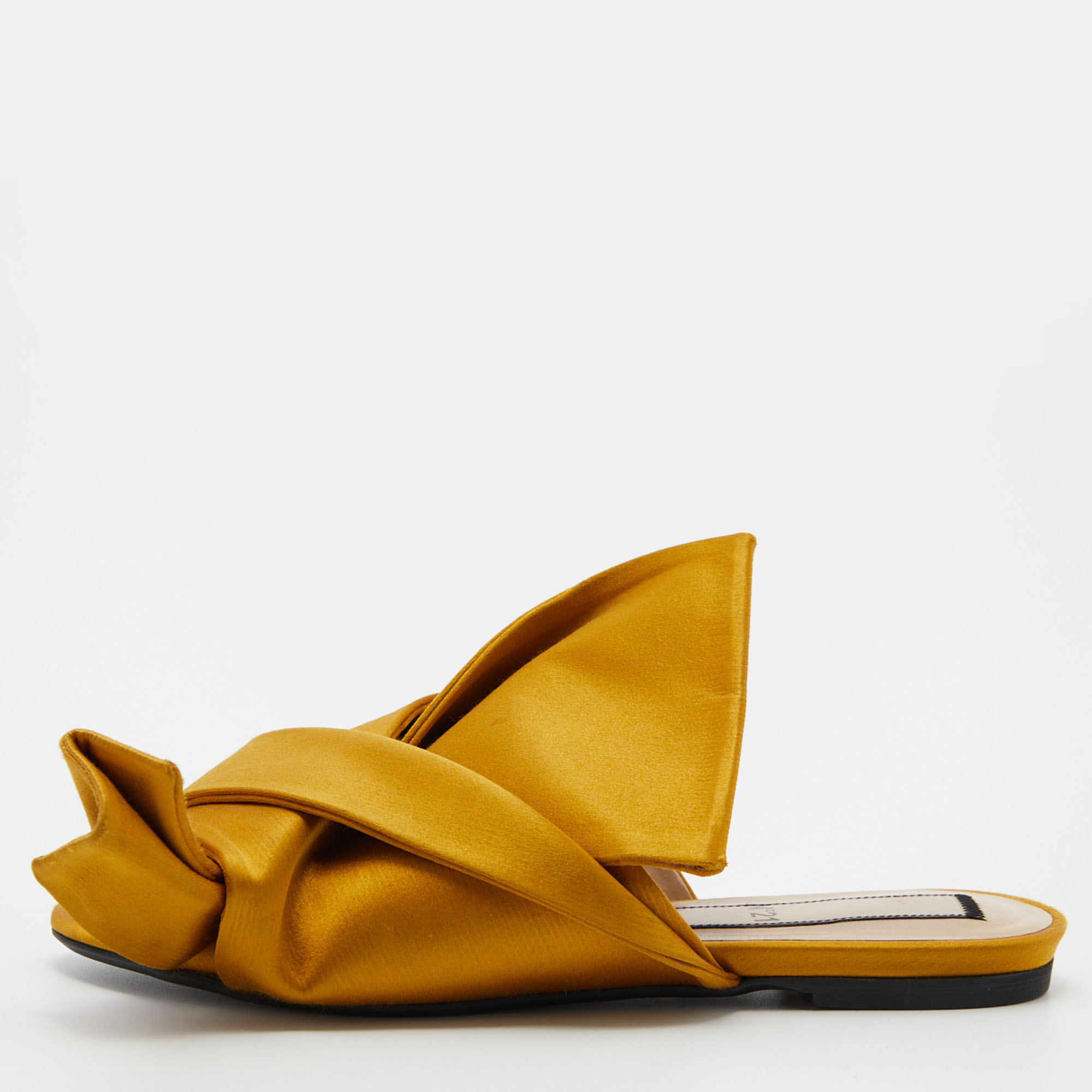 Pre-owned N°21 Mustard Yellow Satin Knot Flat Mules Size 37.5