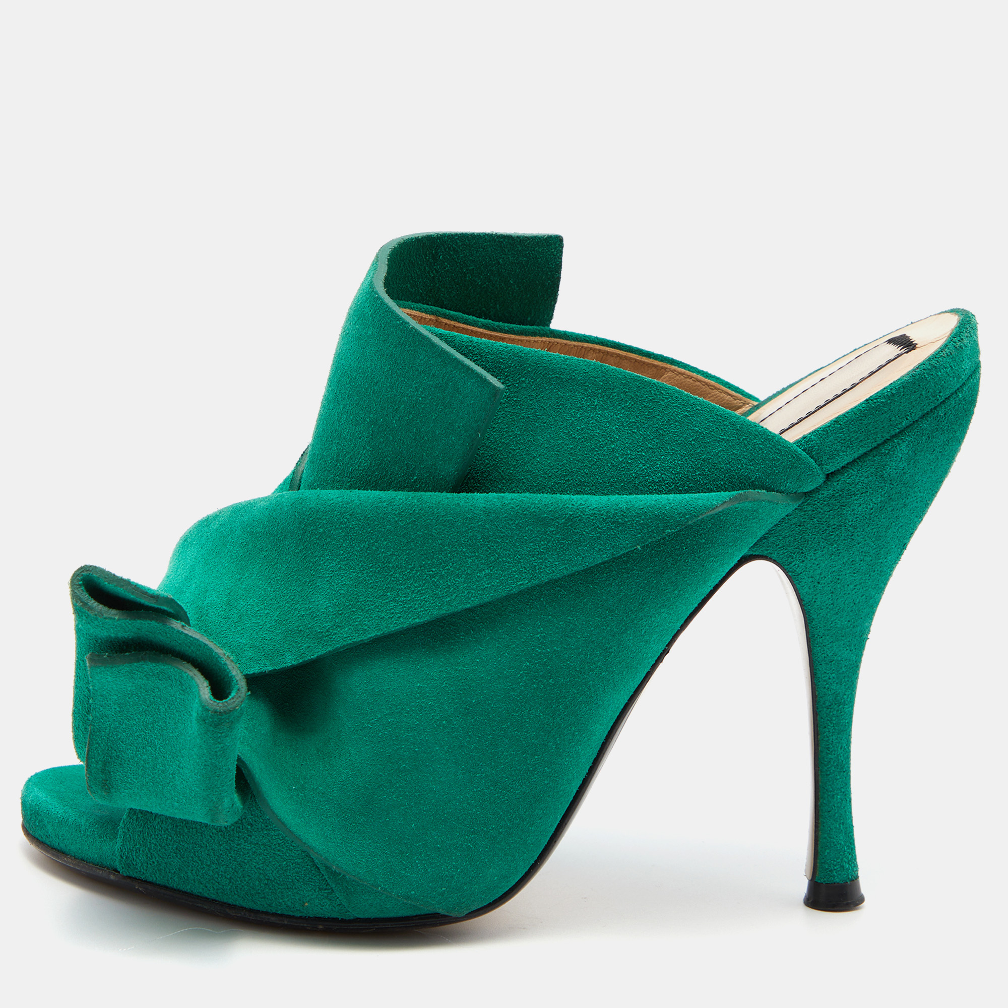 Pre-owned N°21 Nº21 Green Suede Raso Knotted Mules Size 37