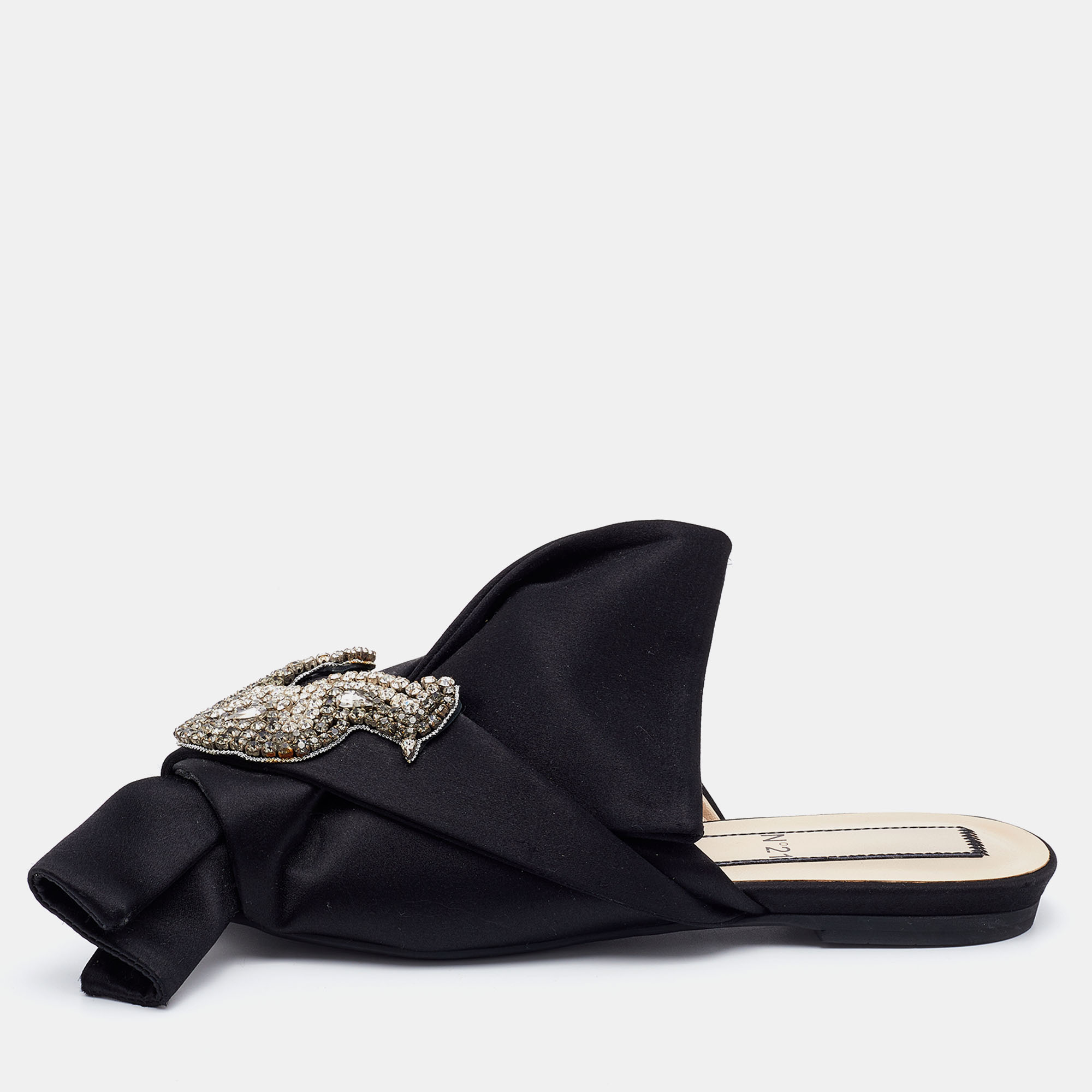 Pre-owned N°21 Nº21 Black Satin Knot Embellished Flat Sandals Size 37