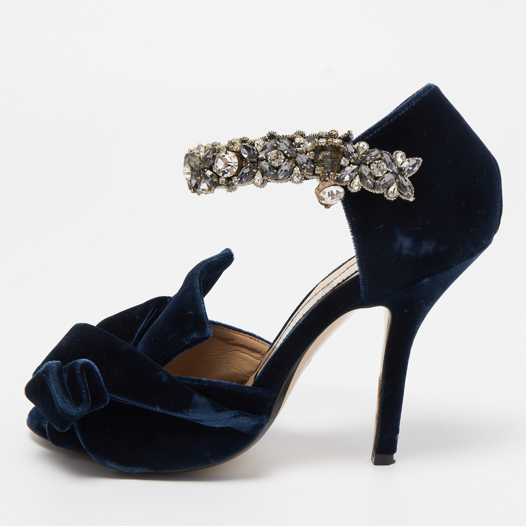 Pre-owned N°21 Navy Blue Velvet Crystal Embellished Ankle Strap Sandals Size 36