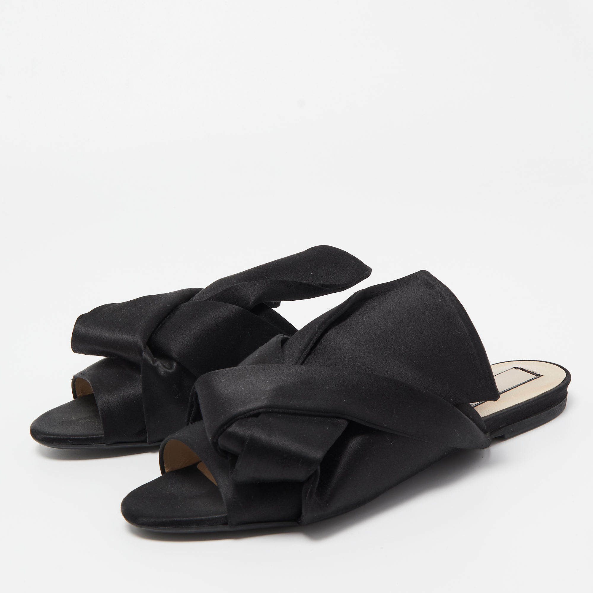 

N21 Black Satin Raso Knot Peep Toe Flat Slides Size