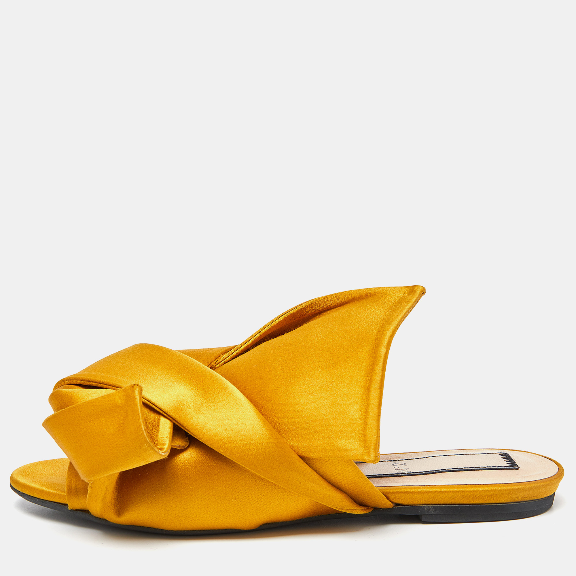 Pre-owned N°21 Mustard Satin Knot Flat Mules Size 37 In Yellow