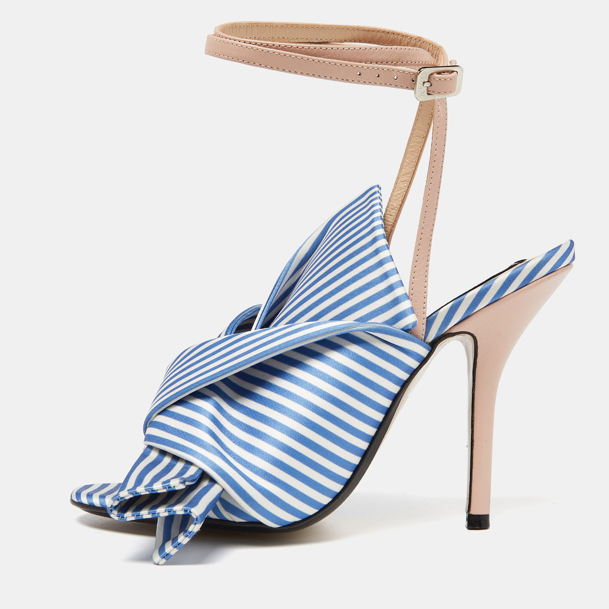 Pre-owned N°21 Tricolor Striped Satin And Leather Knotted Ankle Strap Sandals Size 37.5 In Blue