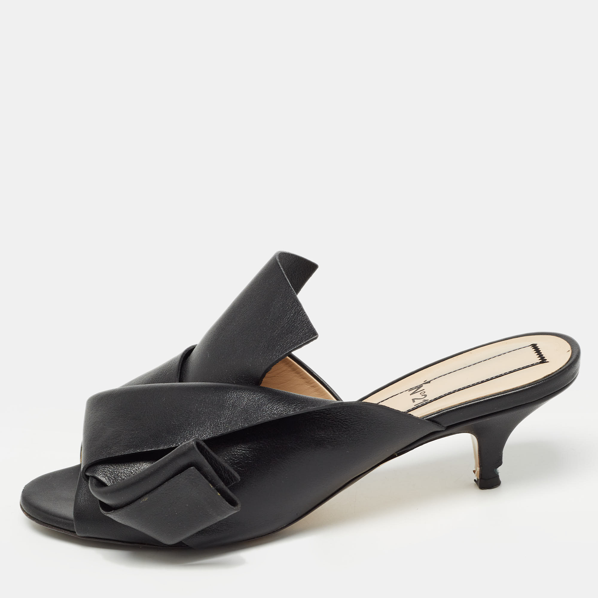 

N21 Black Leather Knot Slide Sandals Size