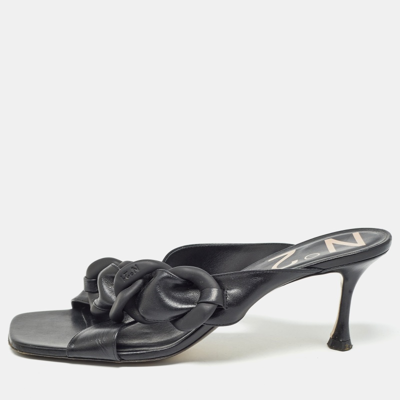 

N°21 Black Leather Chain Detail Slide Sandals Size