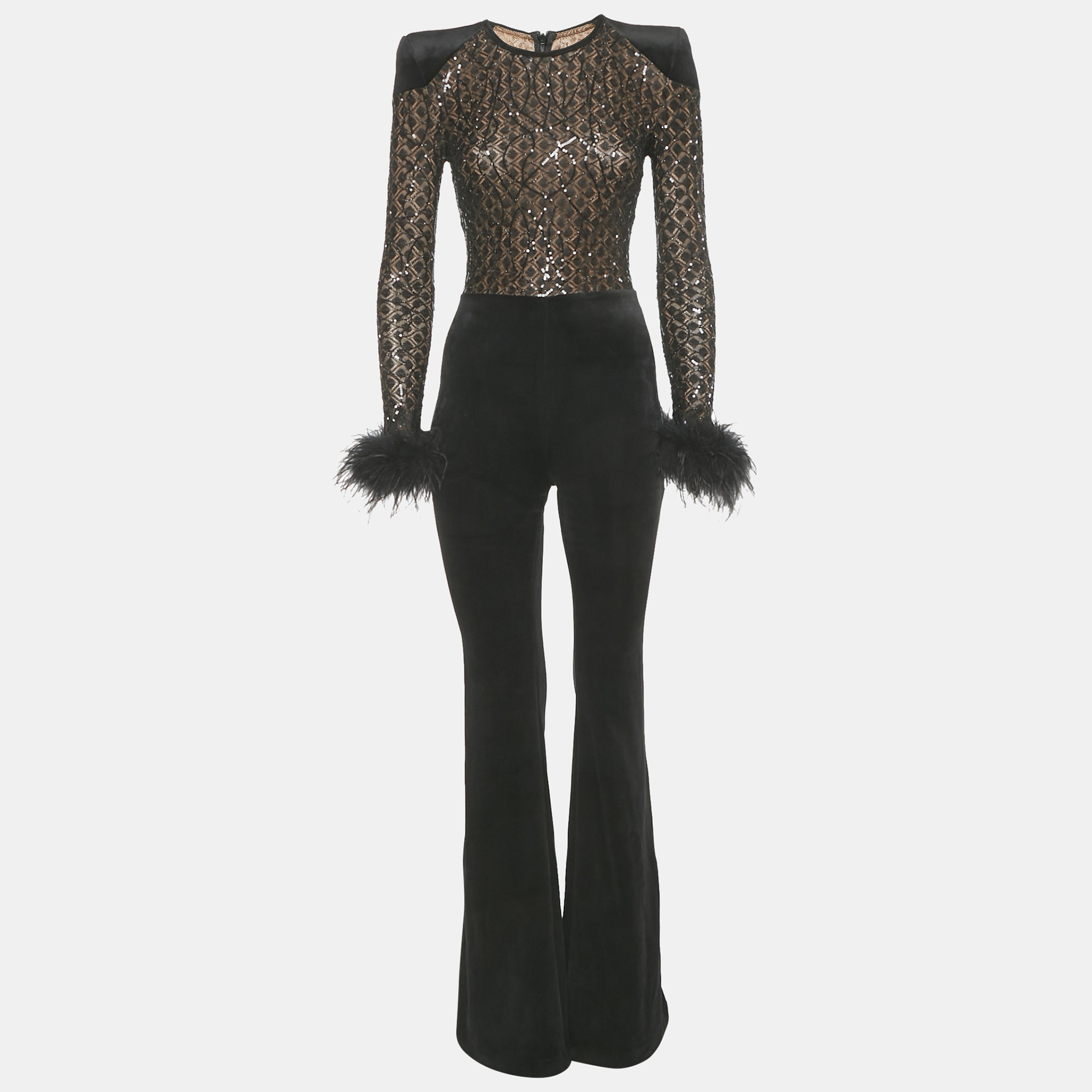Pre-owned Nadine Merabi Black Sequin Knit And Velvet Feather Trimmed Jumpsuit S