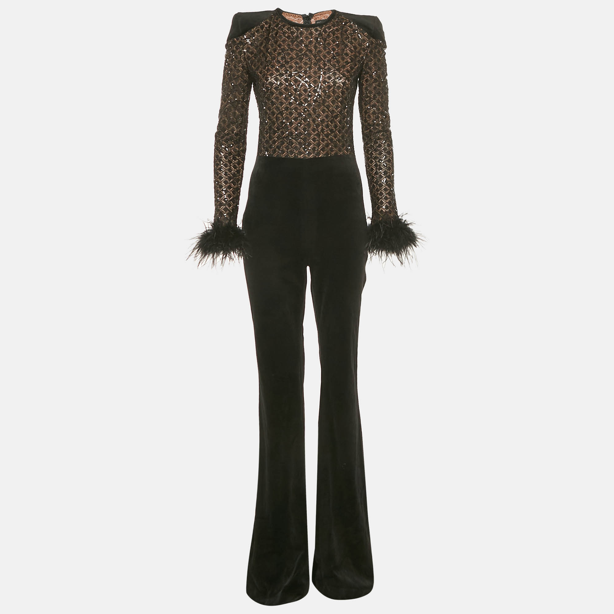 

Nadine Merabi Black Patterned Sequin Knit and Velvet Feather Detail Jumpsuit M