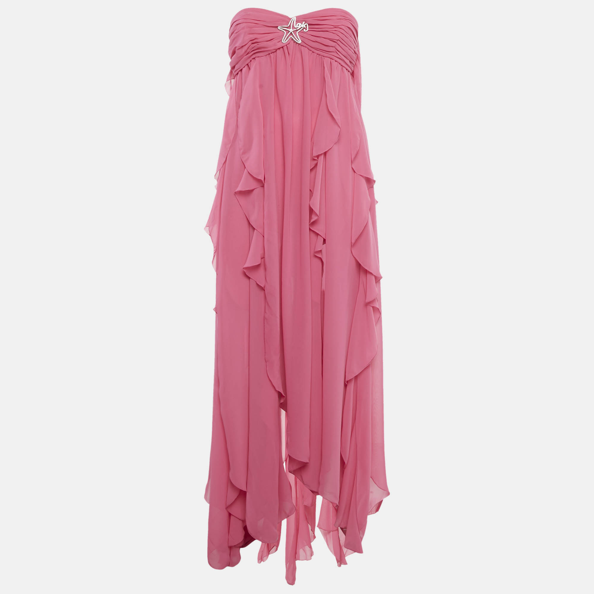 

Nana Jacqueline Pink Crepe Brooch Detail Ruffle Maxi Dress M