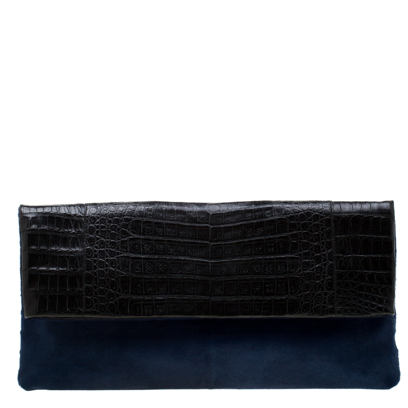 Nancy Gonzalez Black/Blue Crocodile and Calfhair Clutch