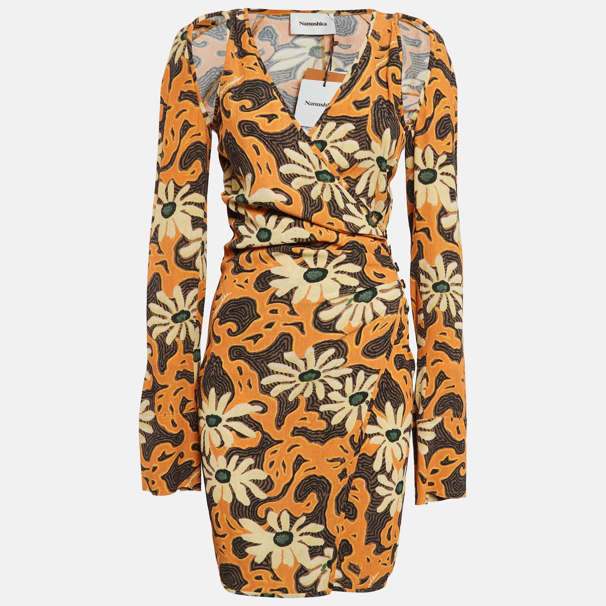 

Nanushka Orange Floral Print Crepe Cut-Out Mini Wrap Dress S