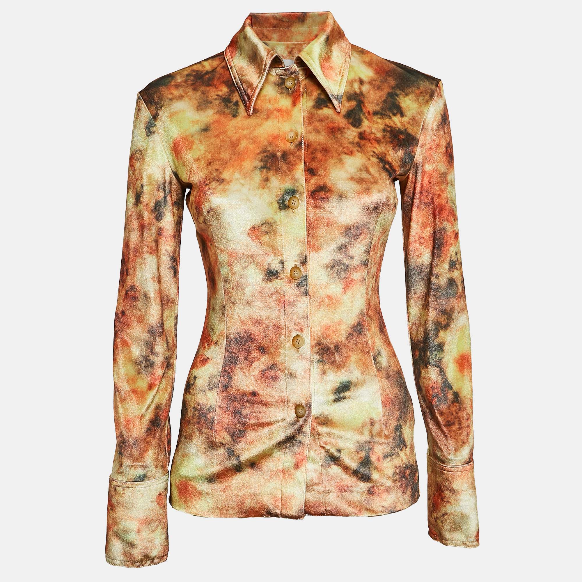 

Nanushka Orange Hazy Floral Print Stretch Velvet Shirt XS