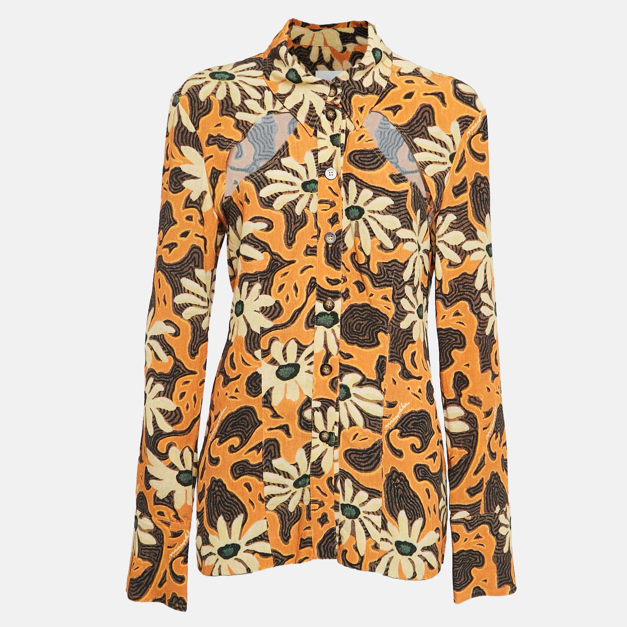 Pre-owned Nanushka Orange Floral Print Crepe Cut-out Slim Fit Shirt L