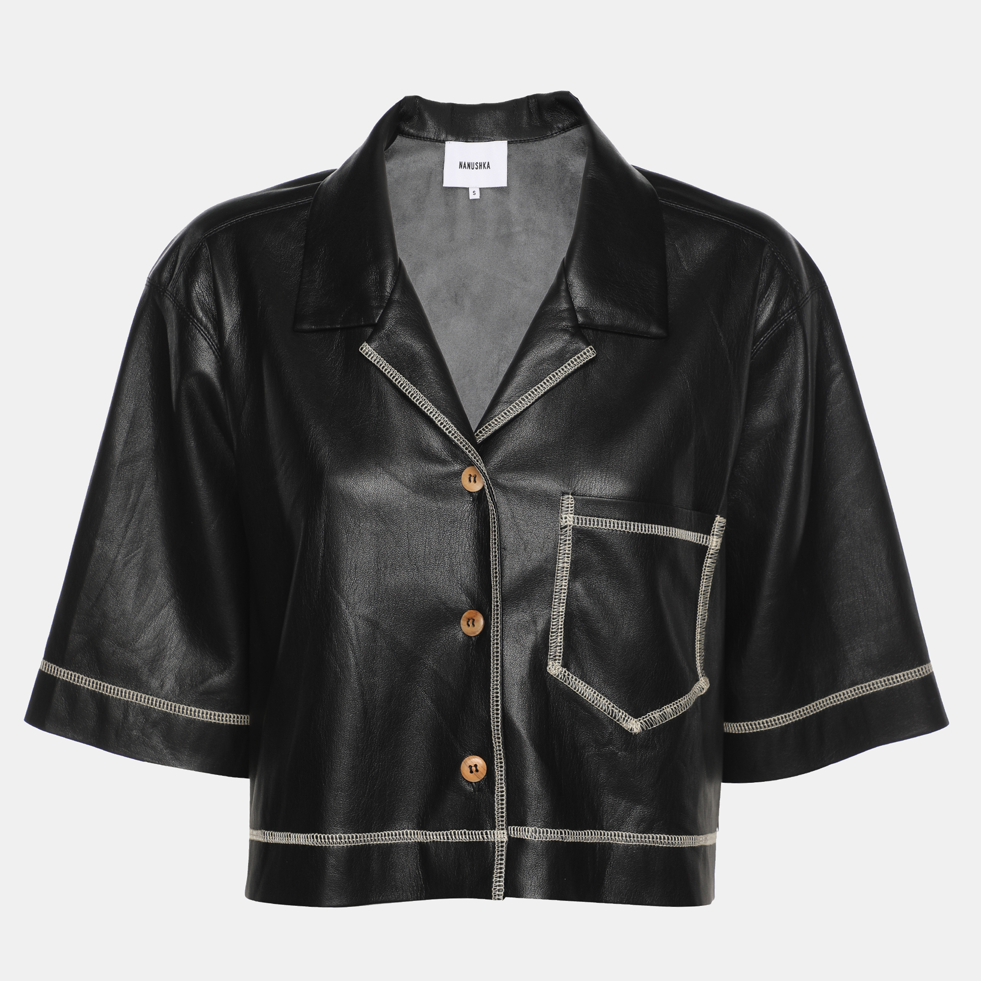 

Nanushka Black Vegan Leather Cropped Camp Shirt S