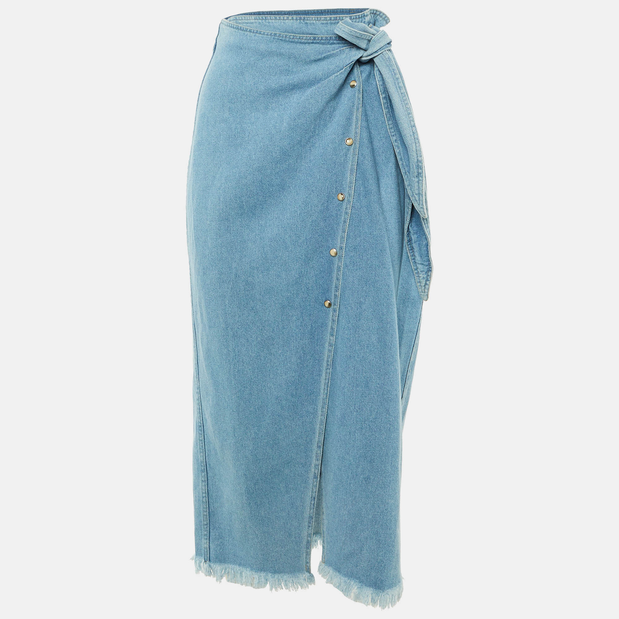 Pre-owned Nanushka Blue Washed Denim Frayed Opal Wrap Midi Skirt L