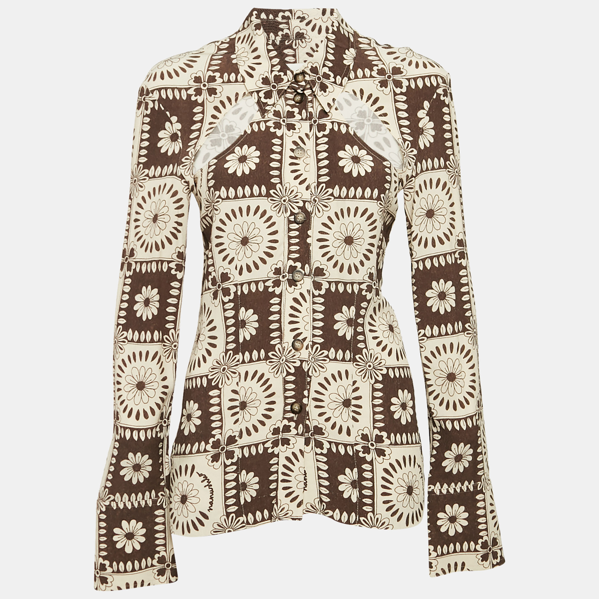 

Nanushka Brown/Beige Floral Print Crepe Cutout Shirt S