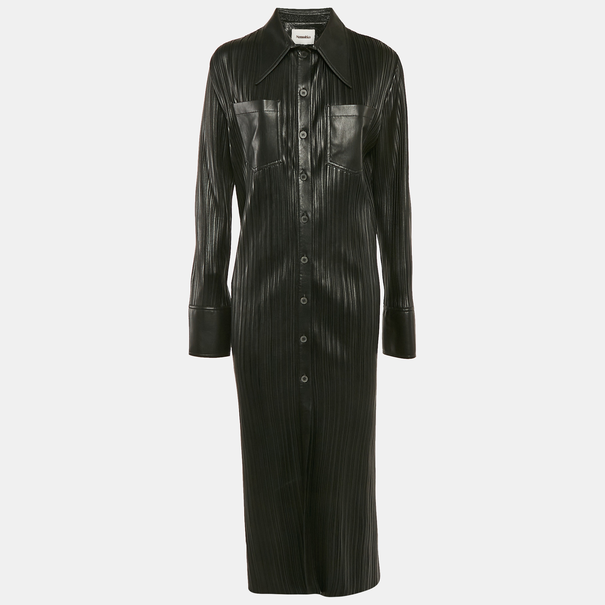 

Nanushka Black Faux Leather Fitted Midi Shirt Dress XL