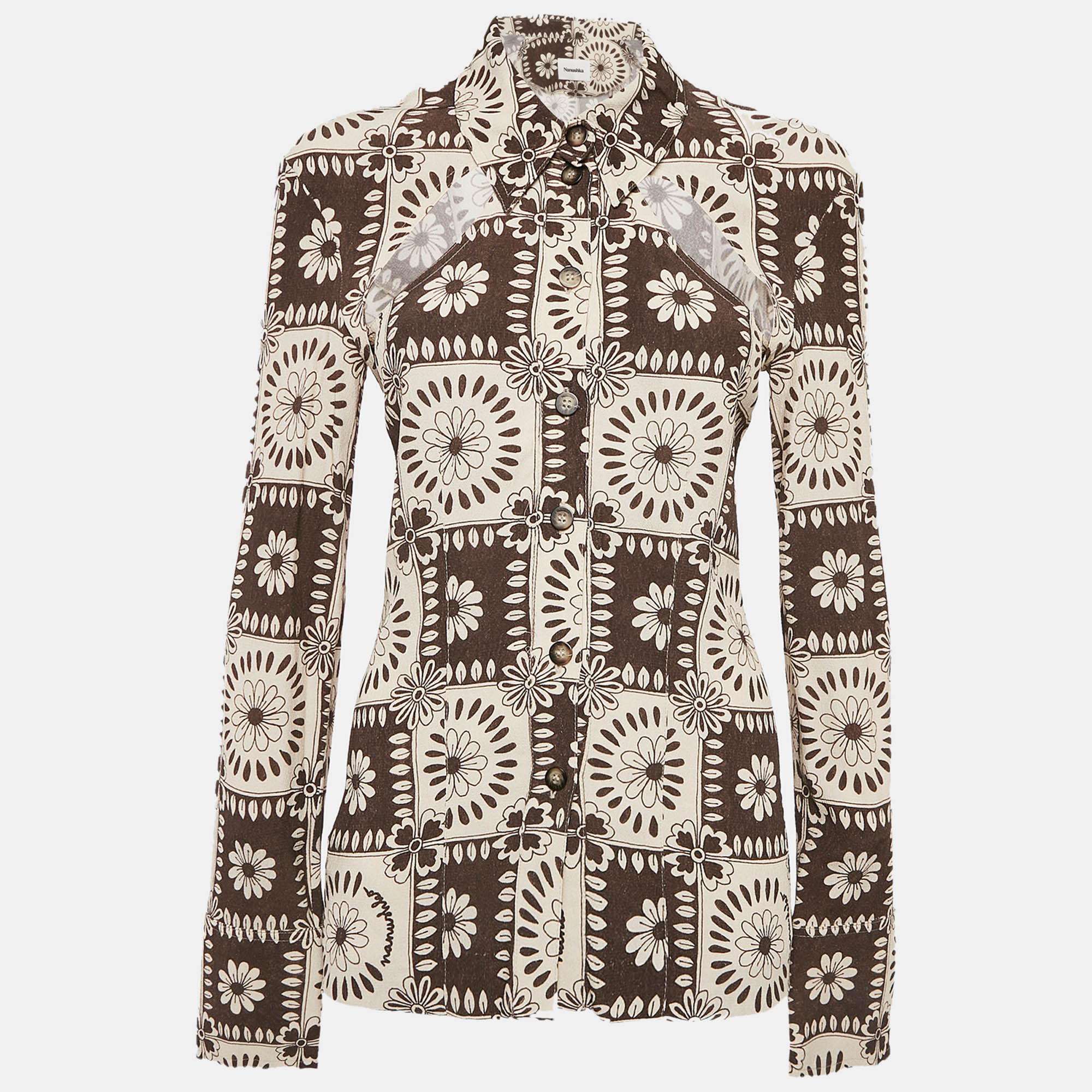 

Nanushka Brown Printed Crepe Cut-Out Detail Blouse S