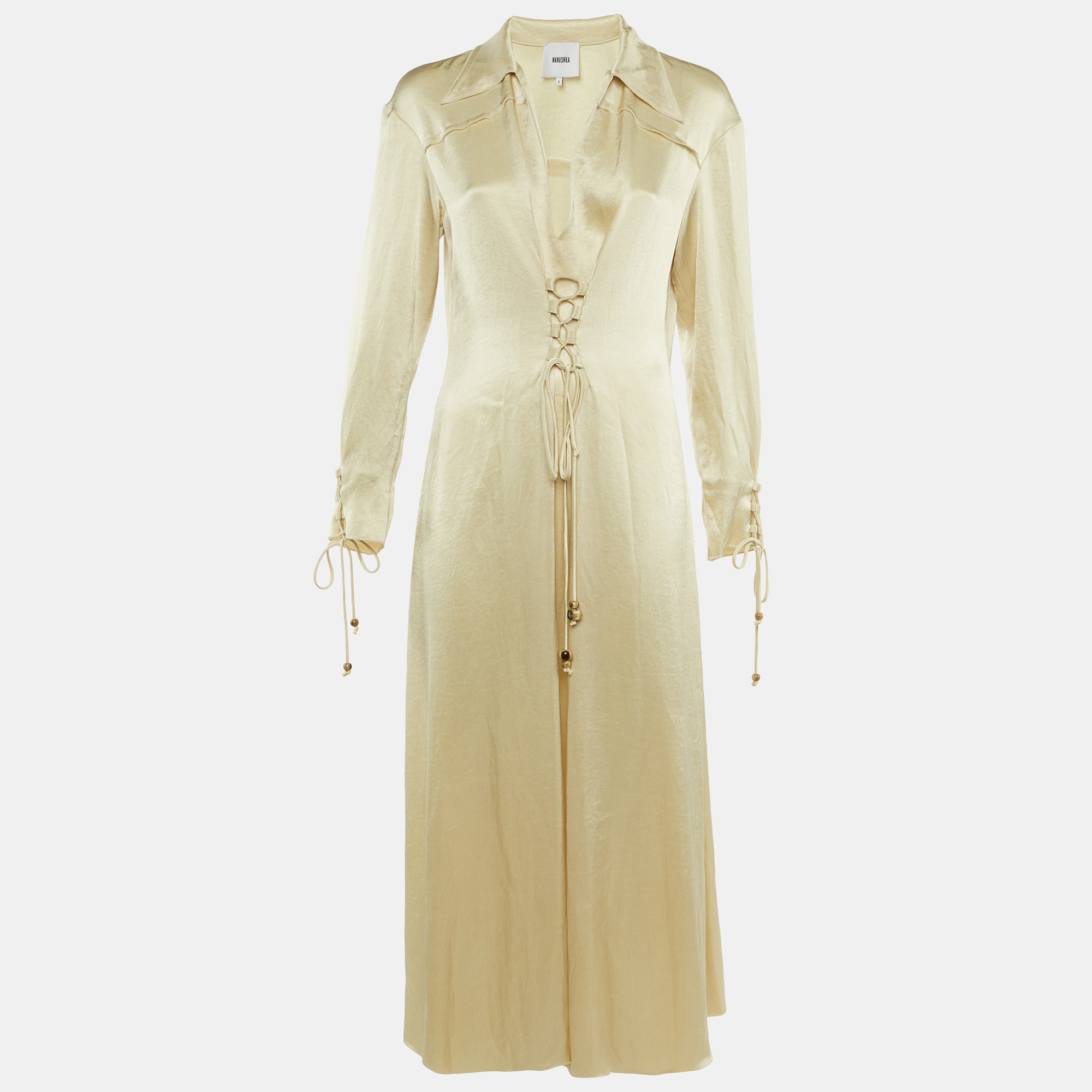 

Nanushka Cream Satin Crisscross Detail Maxi Dress L