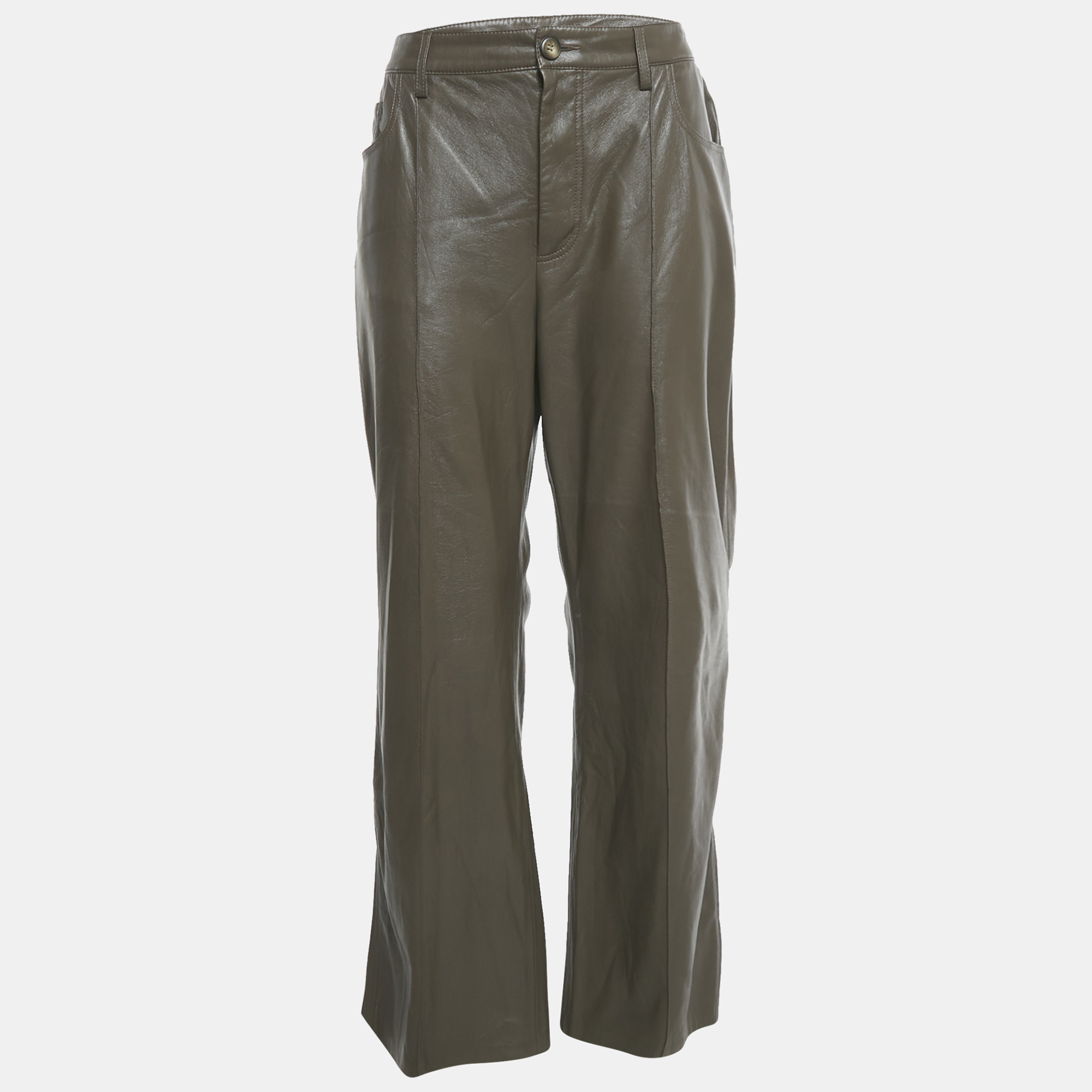 Pre-owned Nanushka Brown Faux Leather Wide Leg Trousers Xl