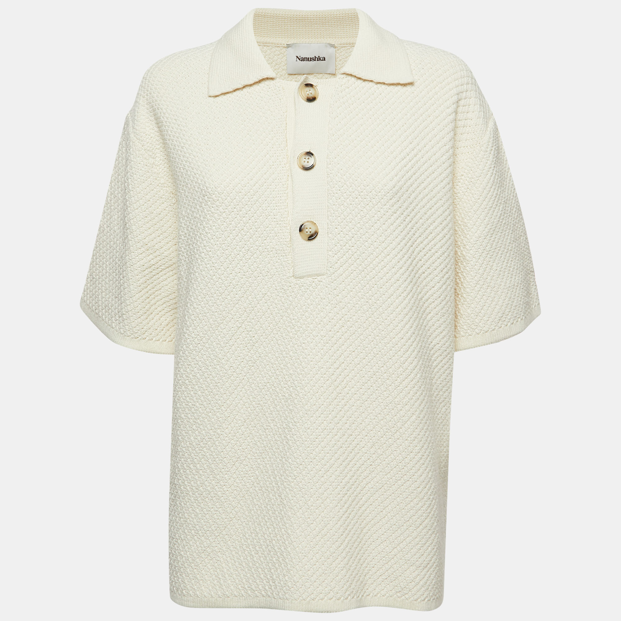 Pre-owned Nanushka Off White Crochet Knit Polo T-shirt M