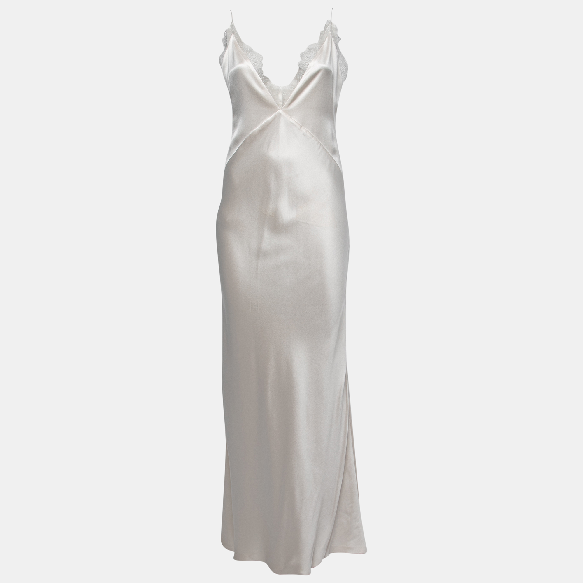 Pre-owned Natalie Rolt Off White Satin Silk Lace Trimmed Tallulah Maxi Dress S