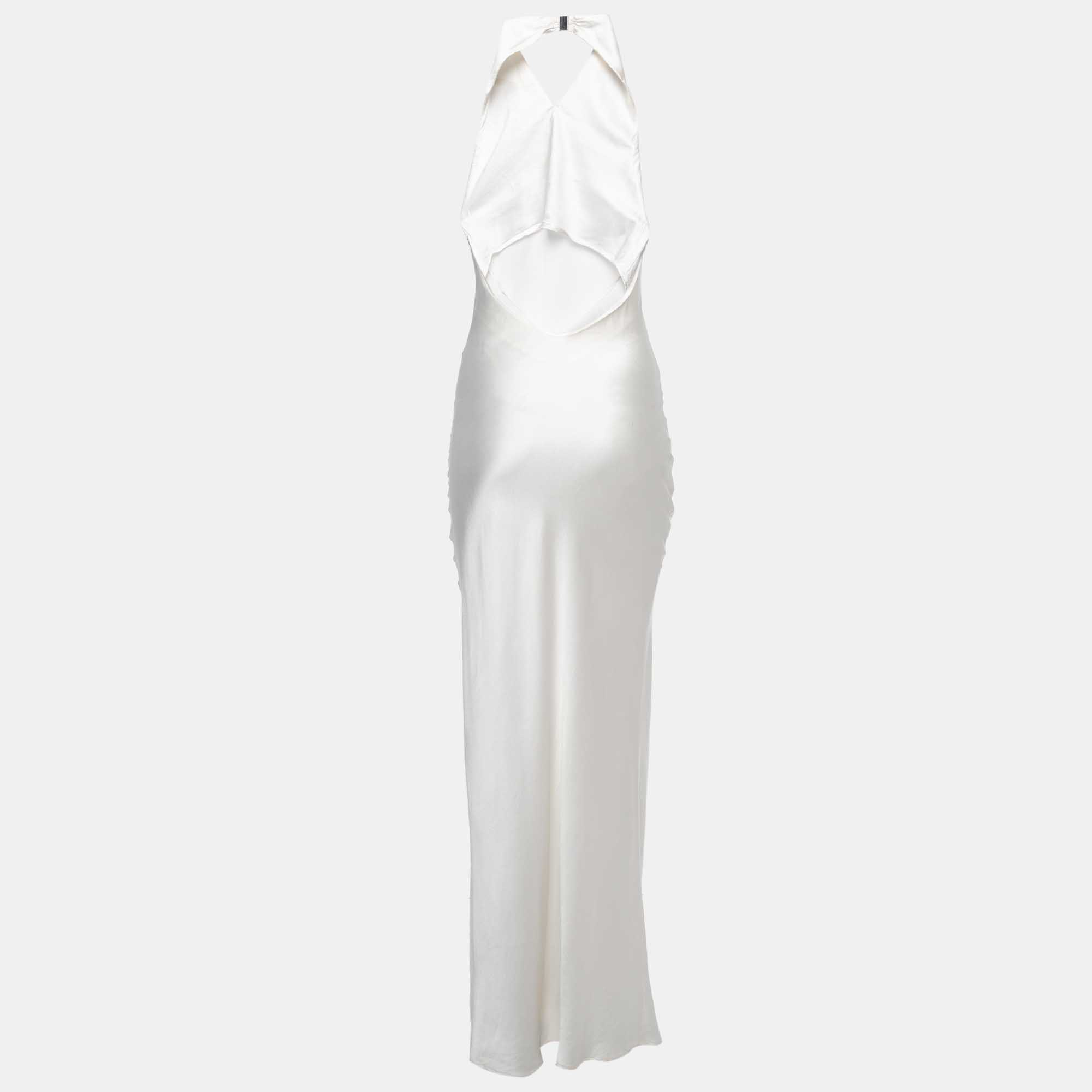 

Natalie Rolt Off White Satin Halter Neck Maxi Dress