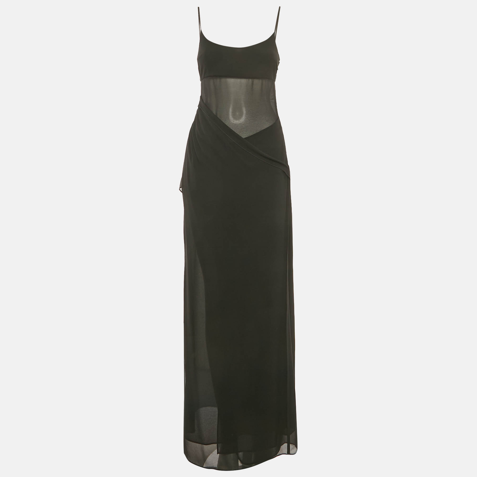 Pre-owned Nbd Black Georgette Draped Sleeveless Selina Maxi Dress Xs