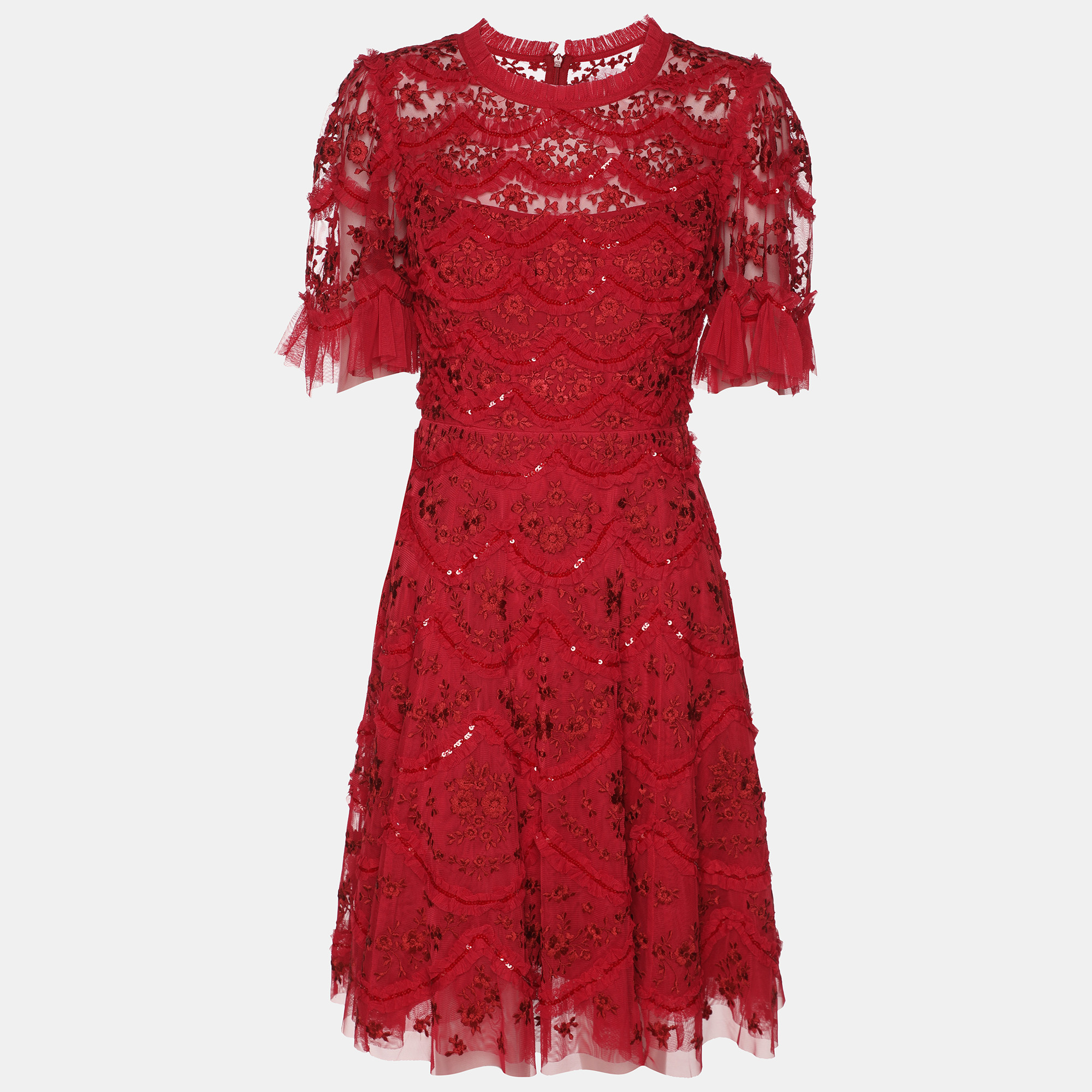 

Needle & Thread Red Mesh Embroidered Liliy Bloom Mini Dress S