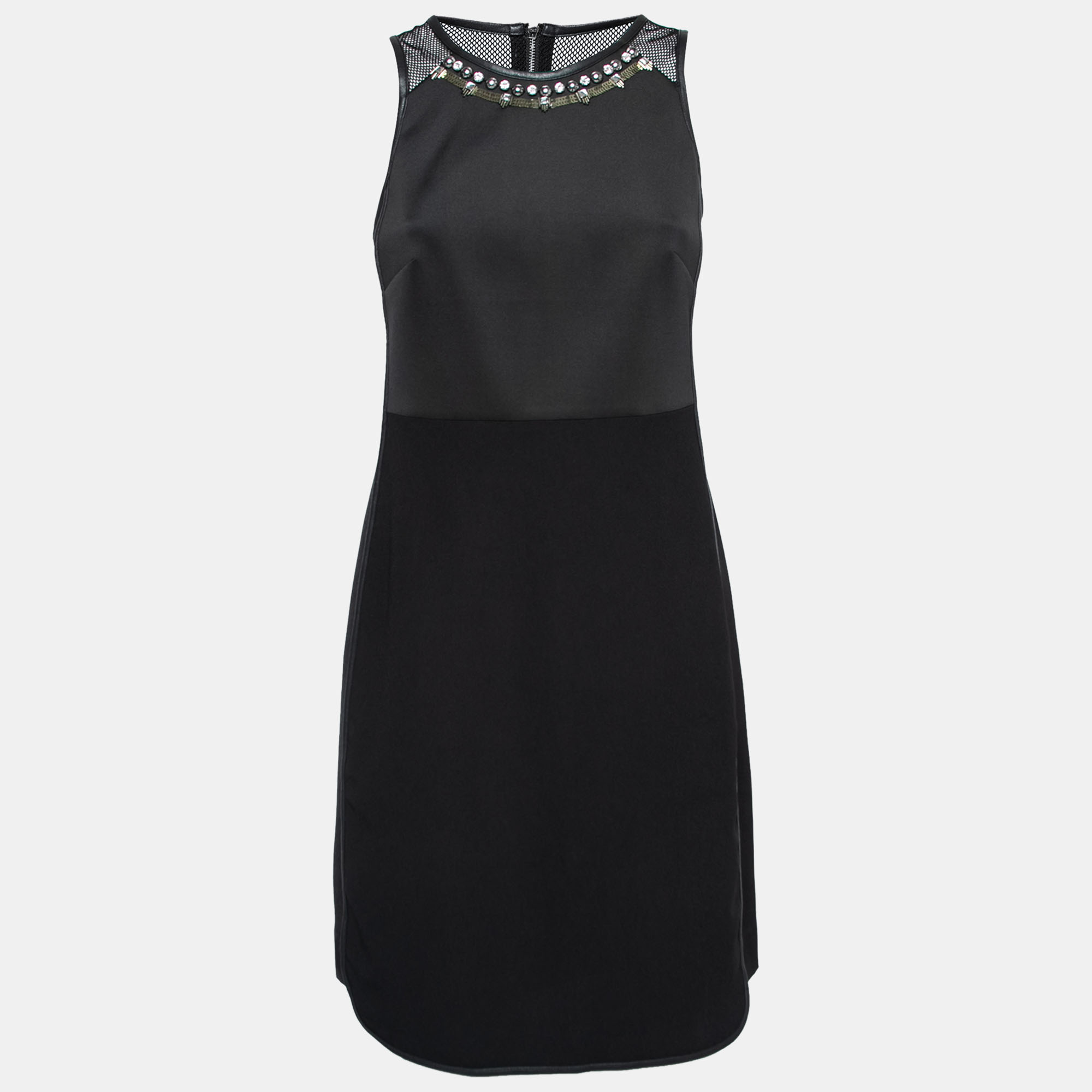 

Rebecca Taylor Black Neoprene and Mesh Embellished Neckline Dress S