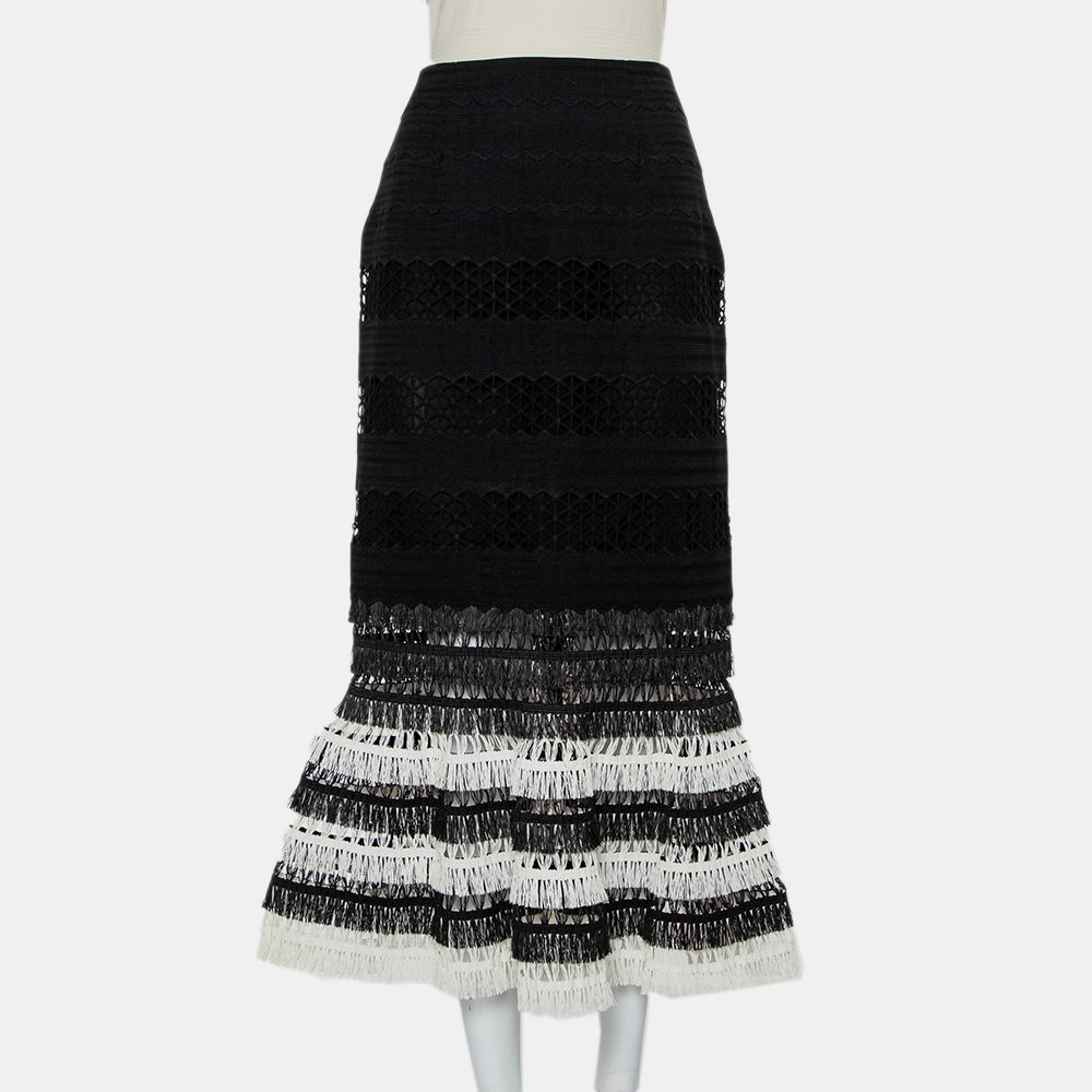 Jonathan Simkhai Black/White Fringed Macramé Midi Skirt M