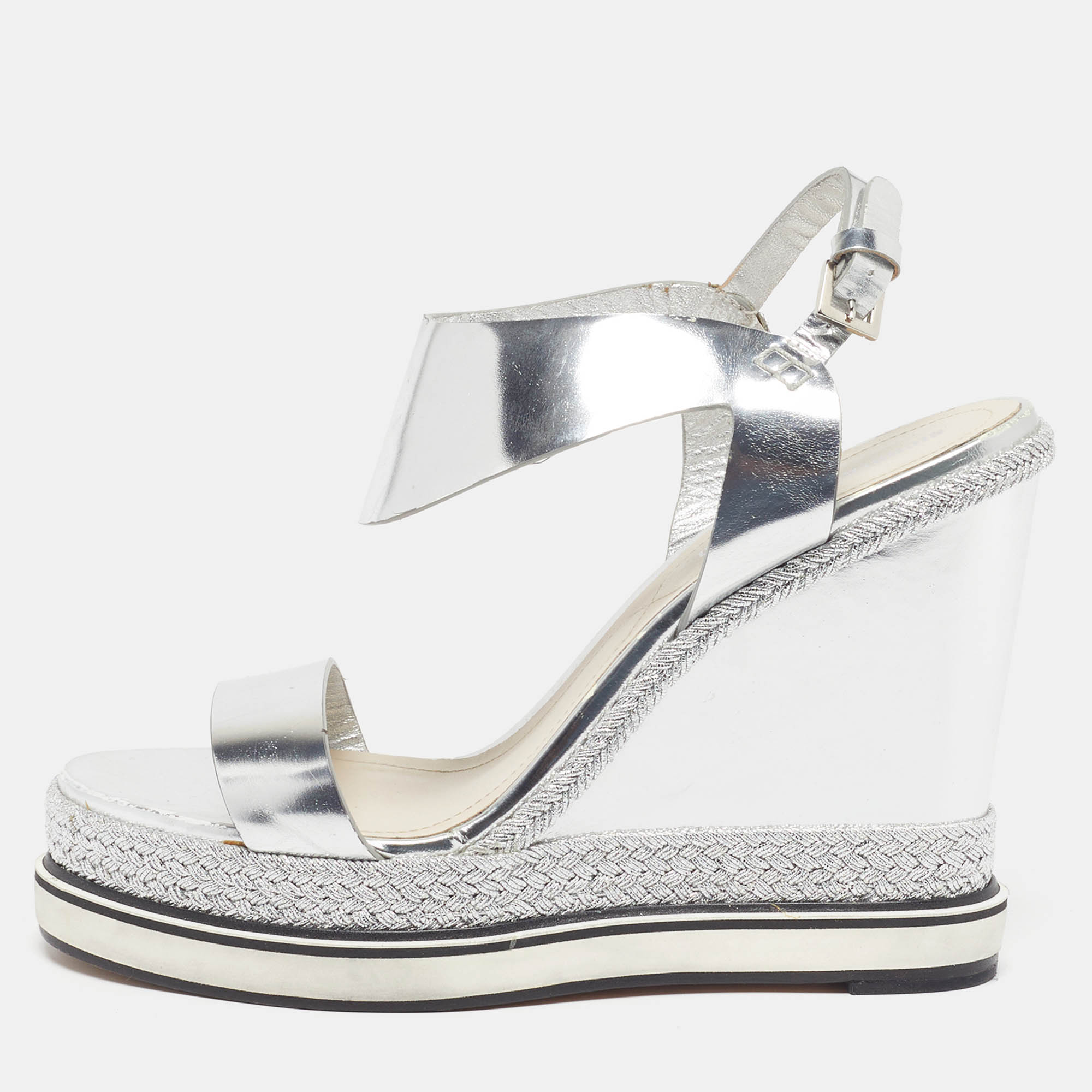 Pre-owned Nicholas Kirkwood Leda Size 37.5 Silver Leather Espadrille Wedge Sandals