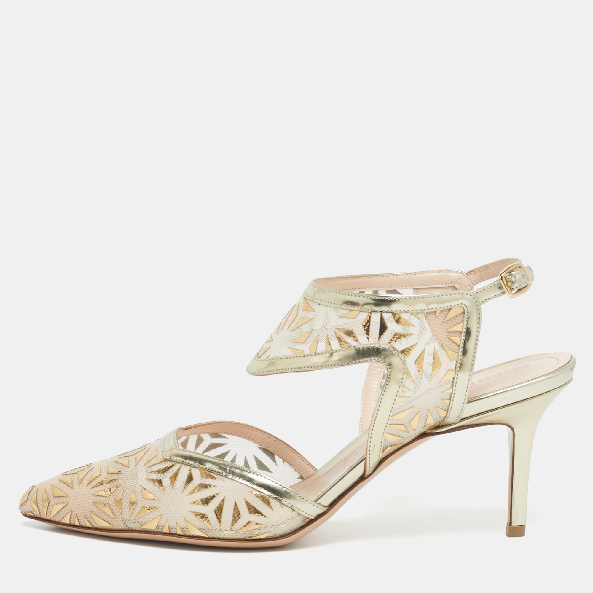 Pre-owned Nicholas Kirkwood Gold/beige Leather And Mesh Leda Slingback Pumps Size 36