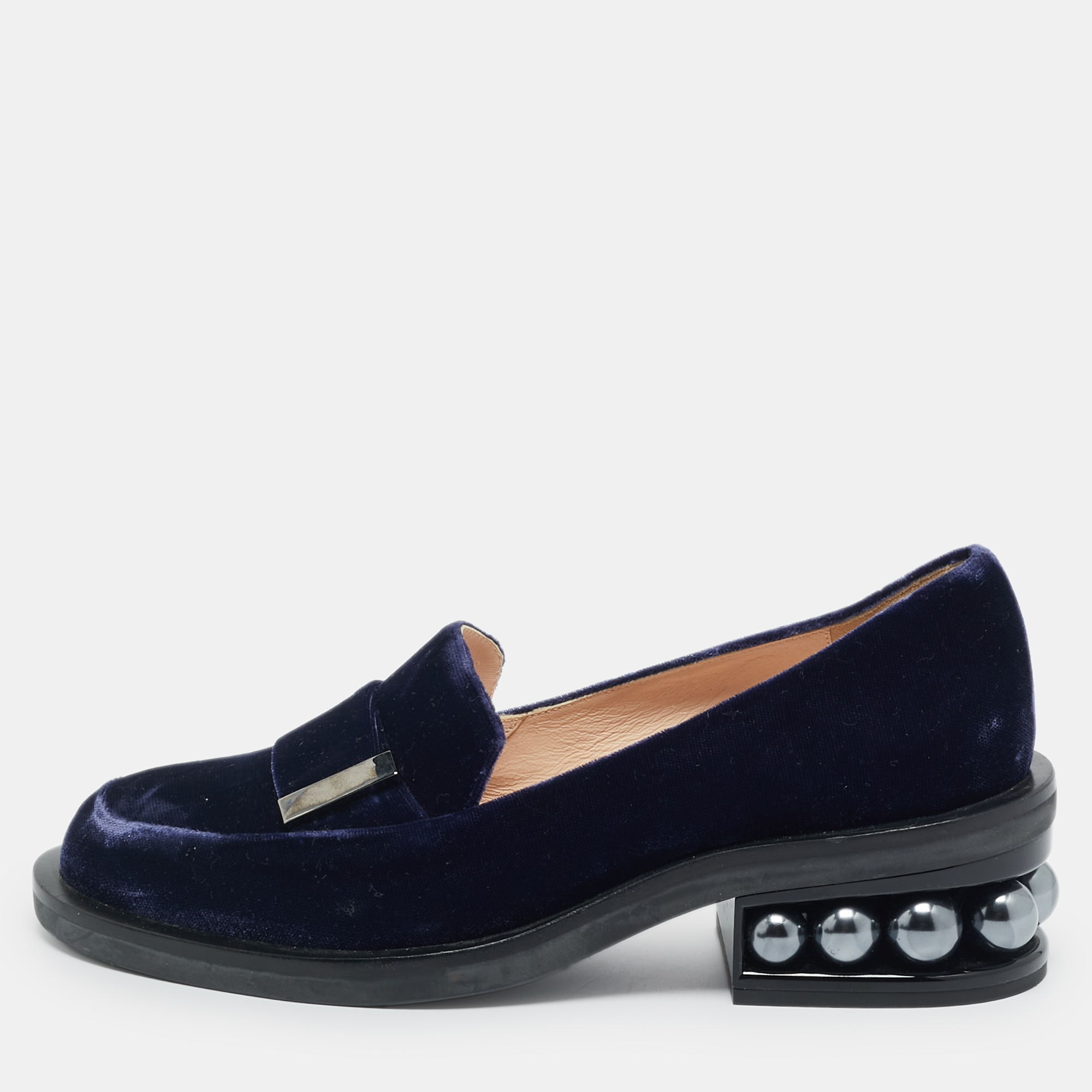 Pre-owned Nicholas Kirkwood Navy Blue Velvet Pearl Embellish Loafers Size 36.5