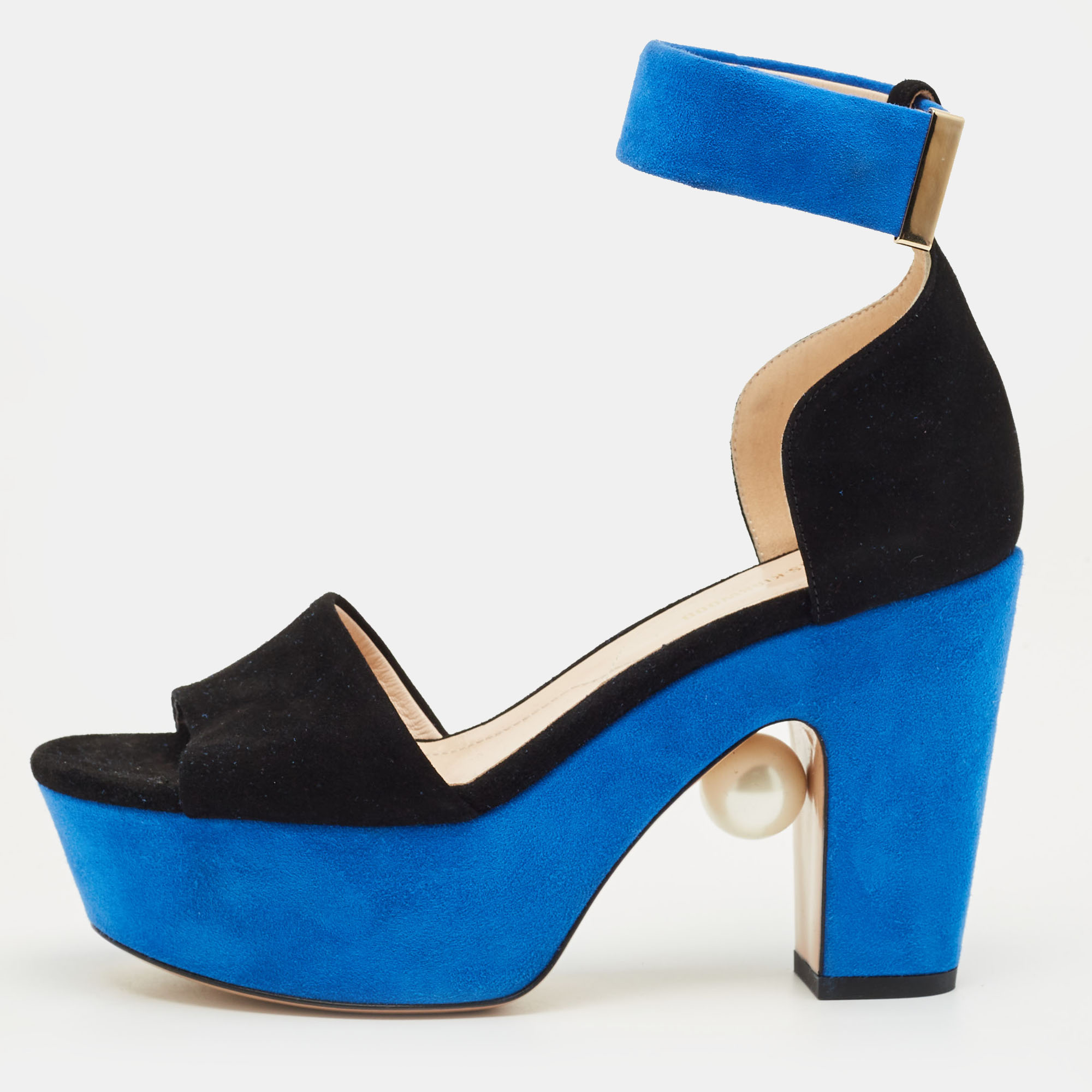 Pre-owned Nicholas Kirkwood Black/blue Suede Platform Ankle Strap Sandals Size 36.5