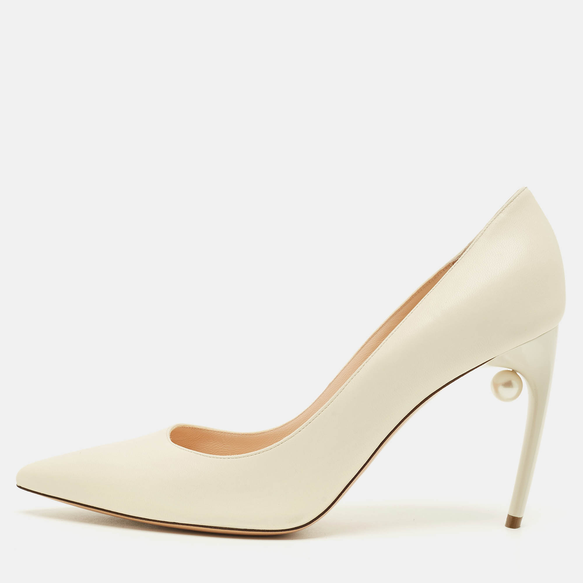 Pre-owned Nicholas Kirkwood Size 41 Cream Leather Pearl Embellished Pointed Toe Pumps In White