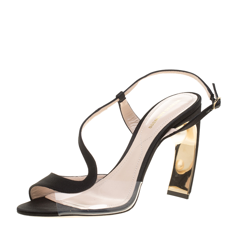 Pre Owned Nicholas Kirkwood Black Satin And PVC Maeva Faux Pearl D'orsay Sandals Size 38.5