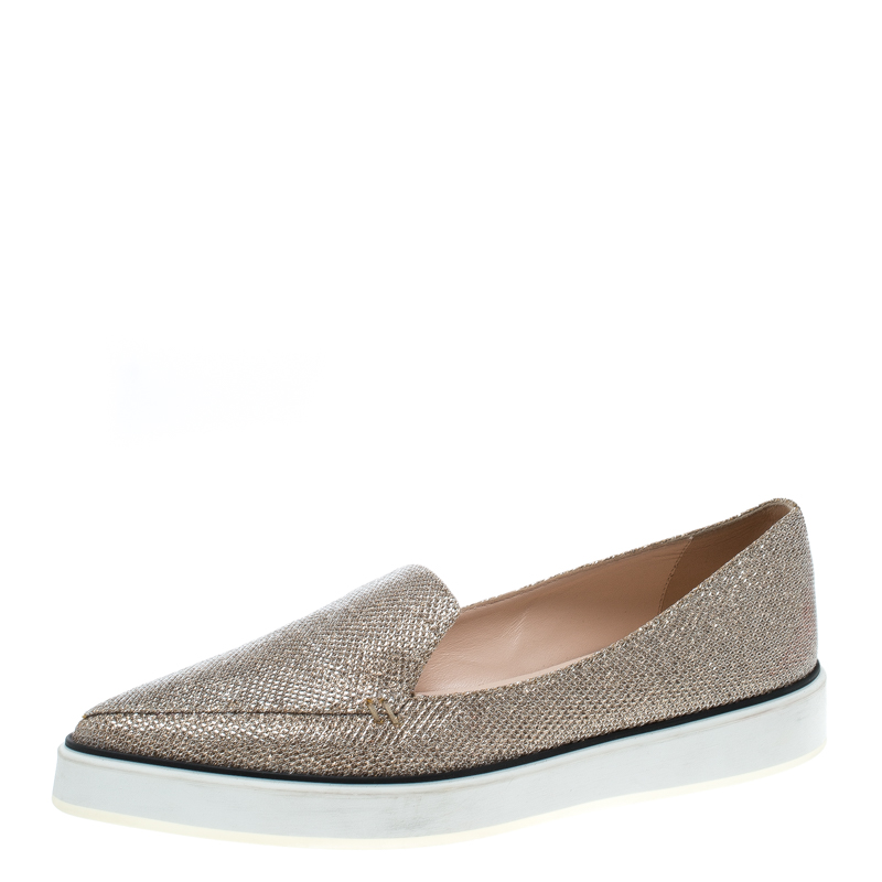 Pre Owned Nicholas Kirkwood Metallic Light Gold Glitter Fabric Alona Pointed Toe Loafers Size 40