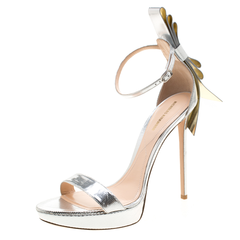 Nicholas Kirkwood Metallic Silver Textured Leather Faye Platform Open Toe Sandals Size 41