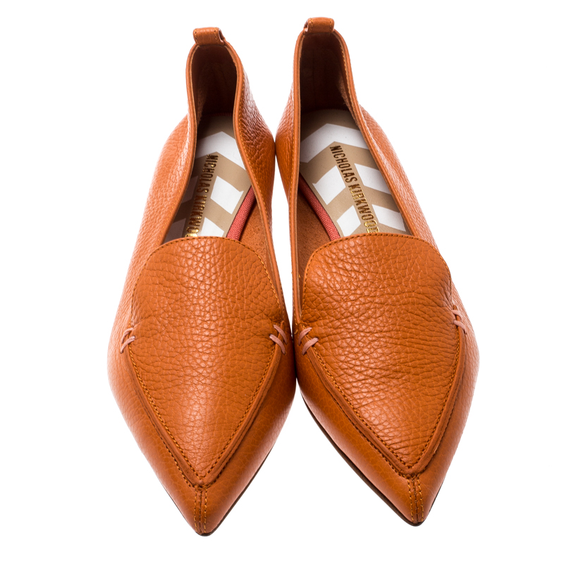 Nicholas Kirkwood Orange Leather Beya Pointed Toe Flats Size 36.5