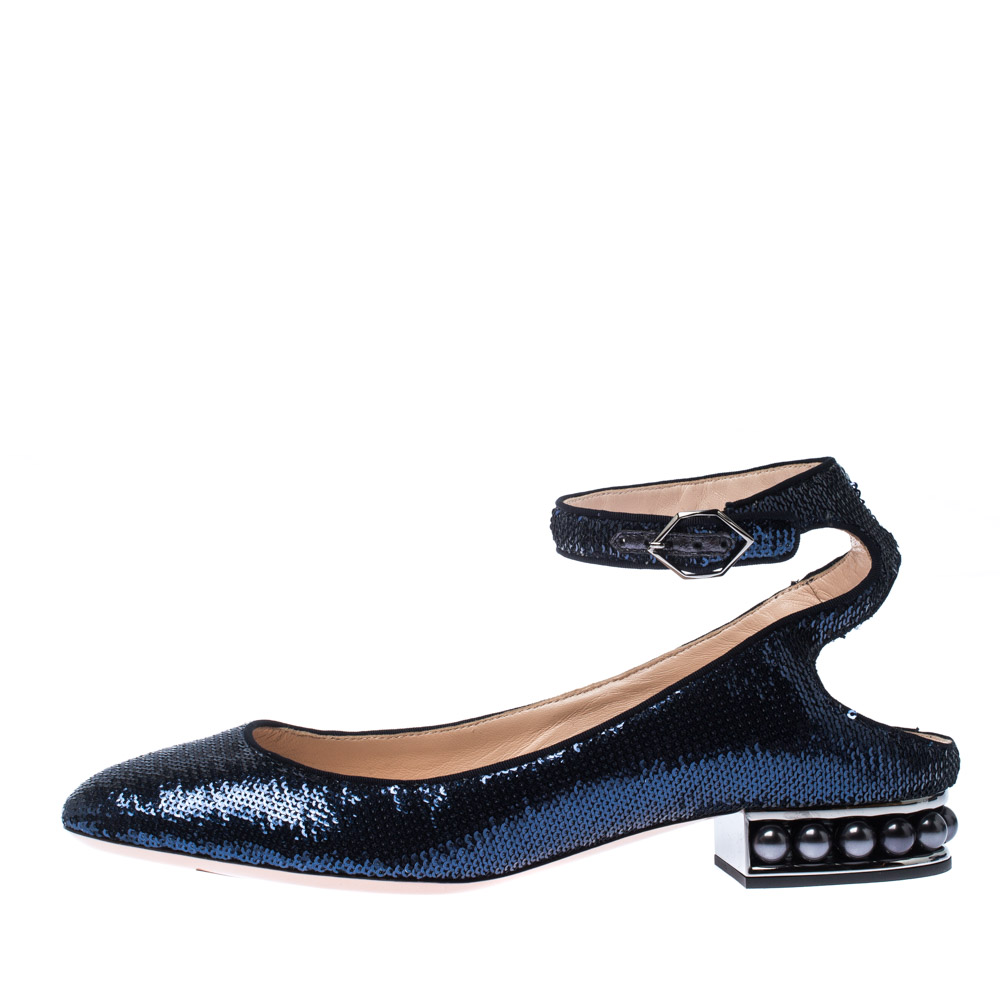 

Nicholas Kirkwood Blue Sequins Lola Pearl Embellished Ankle Strap Sandals Size