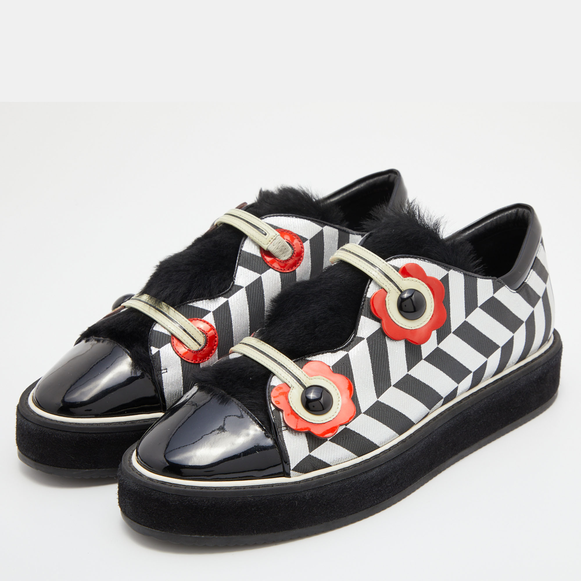 

Nicholas Kirkwood Multicolor Patent Leather, Fur and Fabric Slip On Sneakers Size
