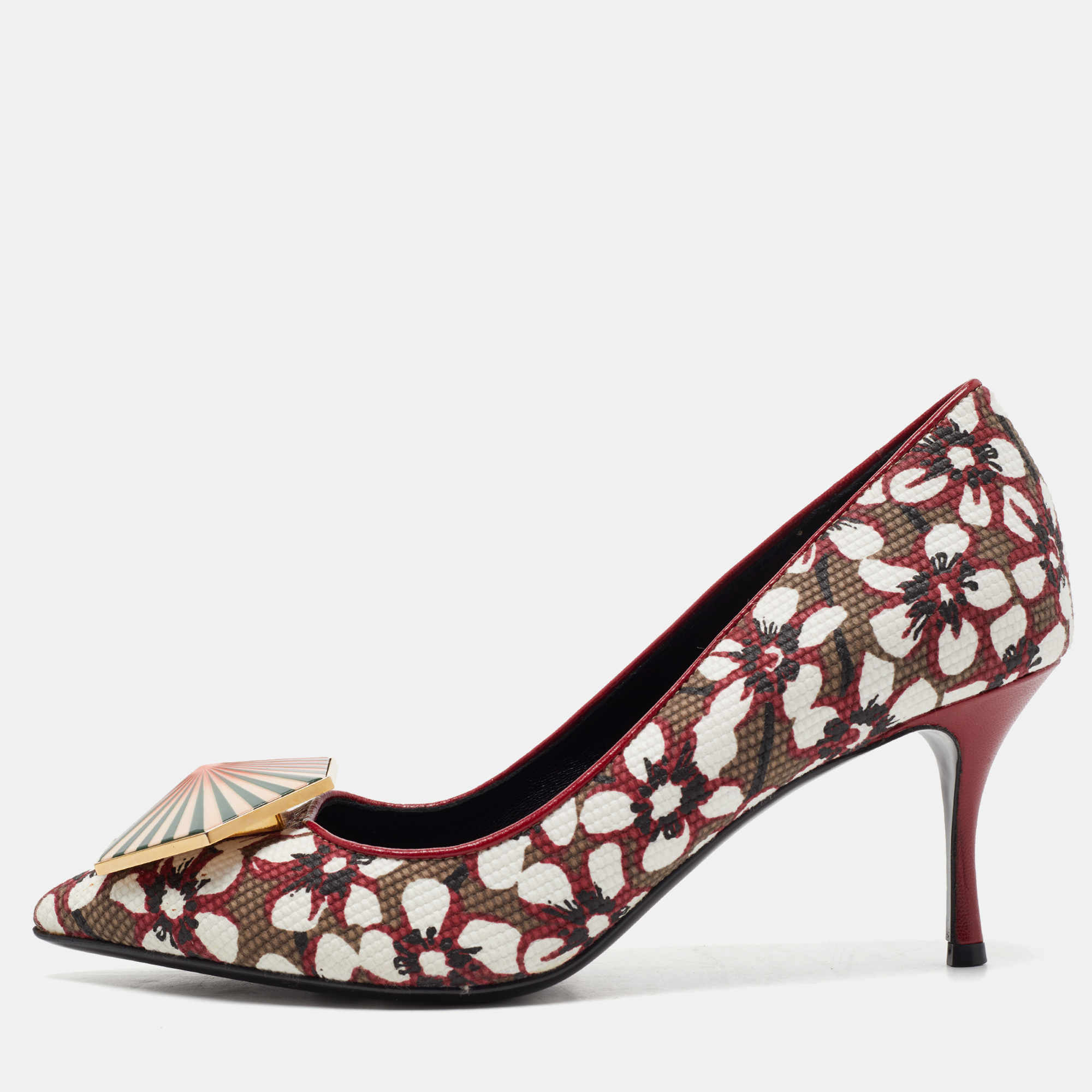 مملوكة مسبقًا Nicholas Kirkwood Tricolor Floral Print Canvas Pointed Toe Pumps Size 37.5