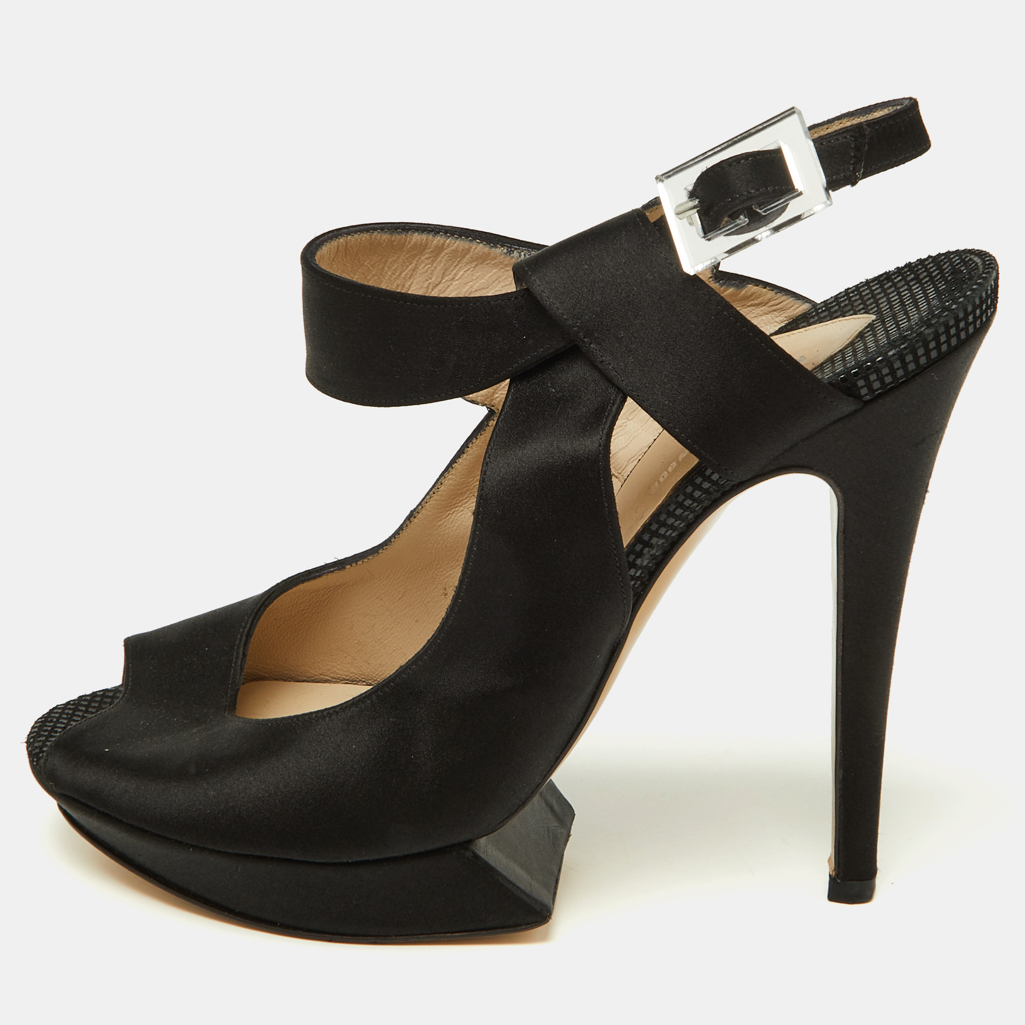 

Nicholas Kirkwood Black Satin Platform Peep Toe Ankle Strap Sandals Size